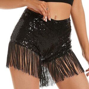 New Sequin High Waist Fringe Hem Glitter Party Shorts